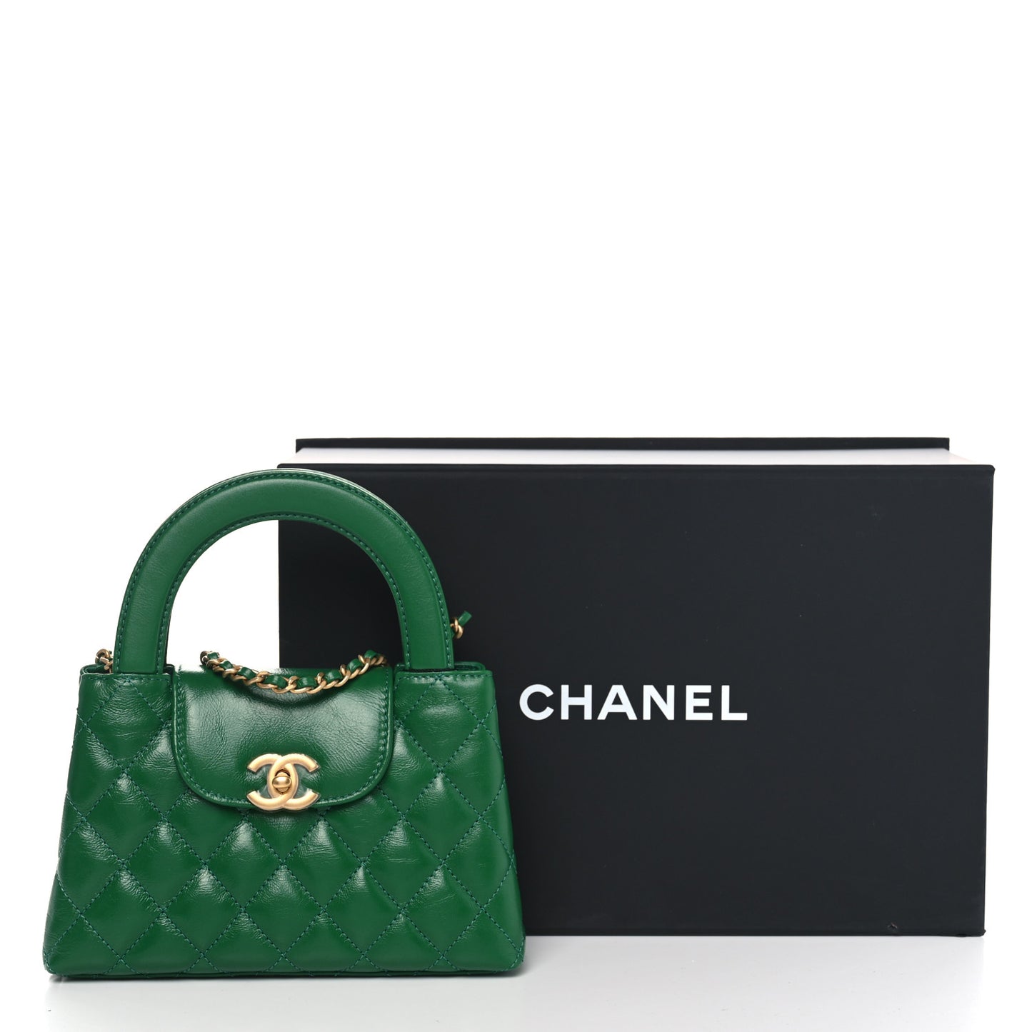 Shiny Aged Calfskin Quilted Nano Kelly Shopper Green
