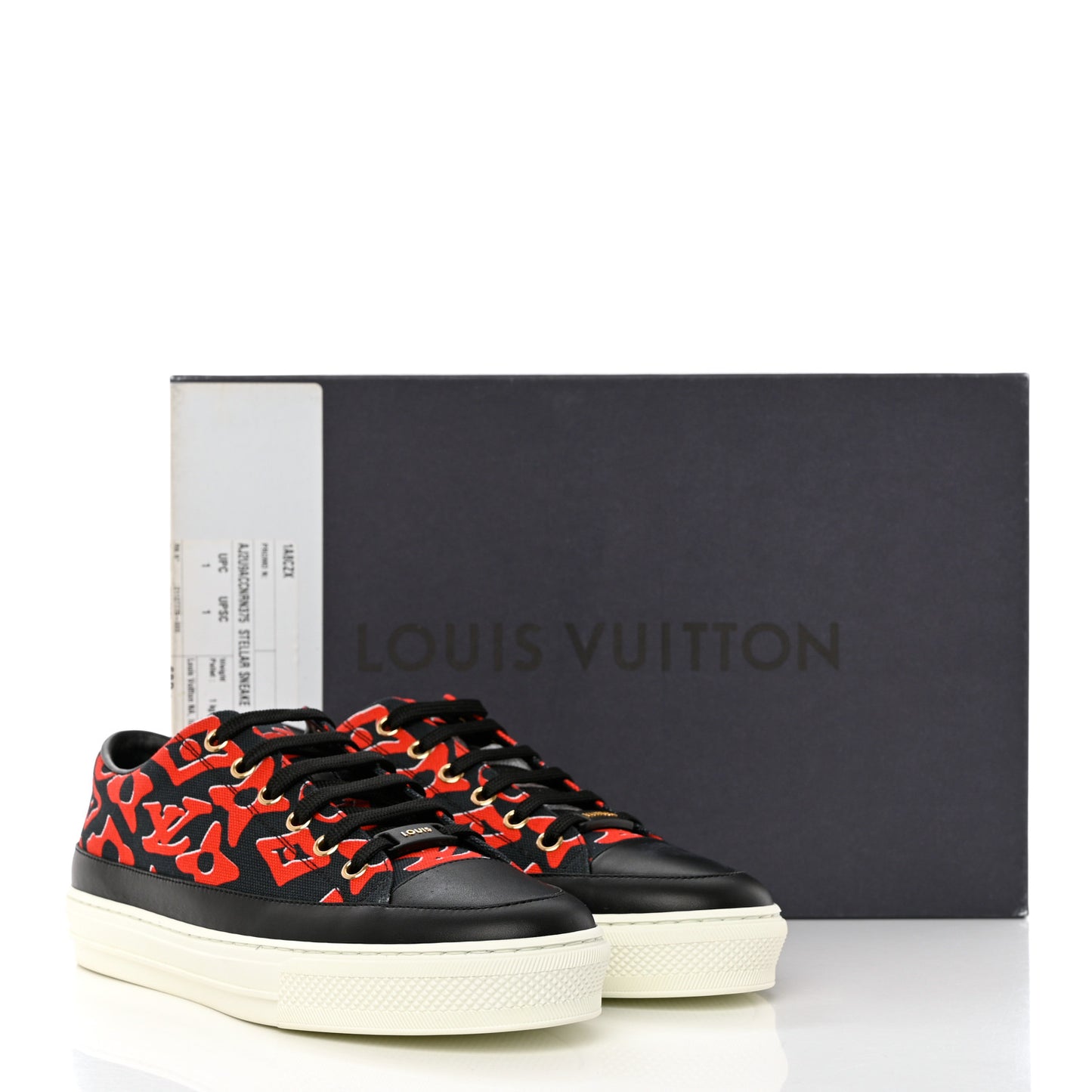 X UF Calfskin Tufted Monogram Stellar Sneakers 37.5 Black Red