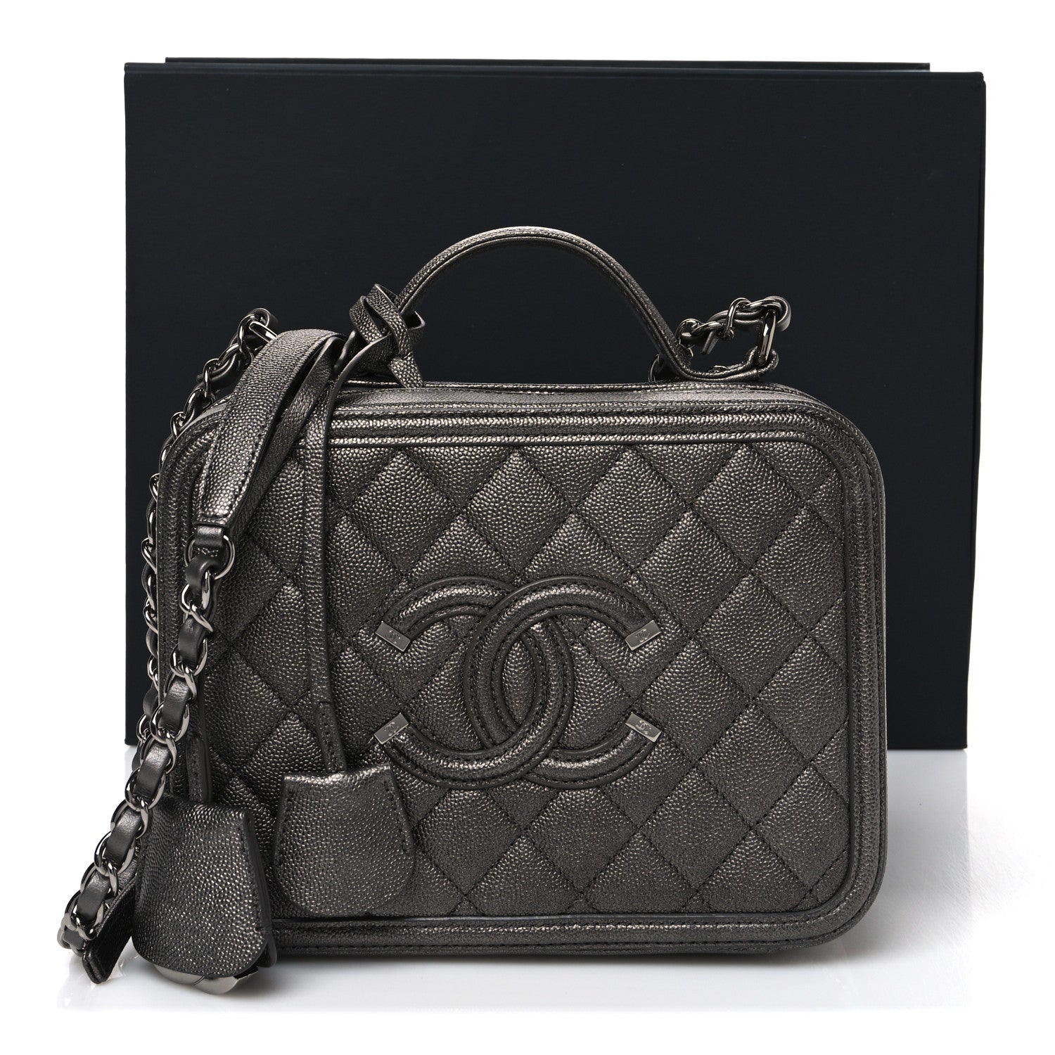 Chanel Metallic Caviar Quilted Medium CC Filigree Vanity Case Dark Silver 11 of 11