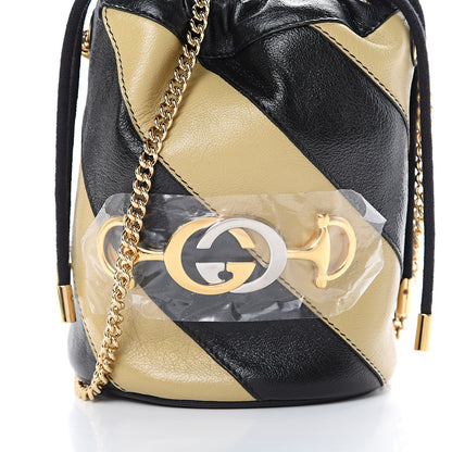 Gucci Calfskin Diagonal Striped Mini Zumi Bucket Bag Black Beige 7 of 10