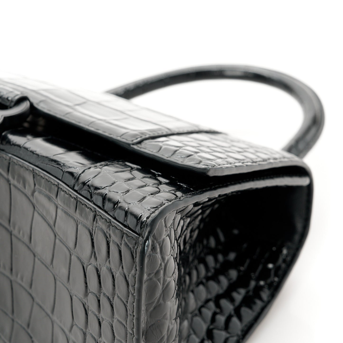 Shiny Calfskin Monochrome Crocodile Embossed Small Hourglass Top Handle Bag Black