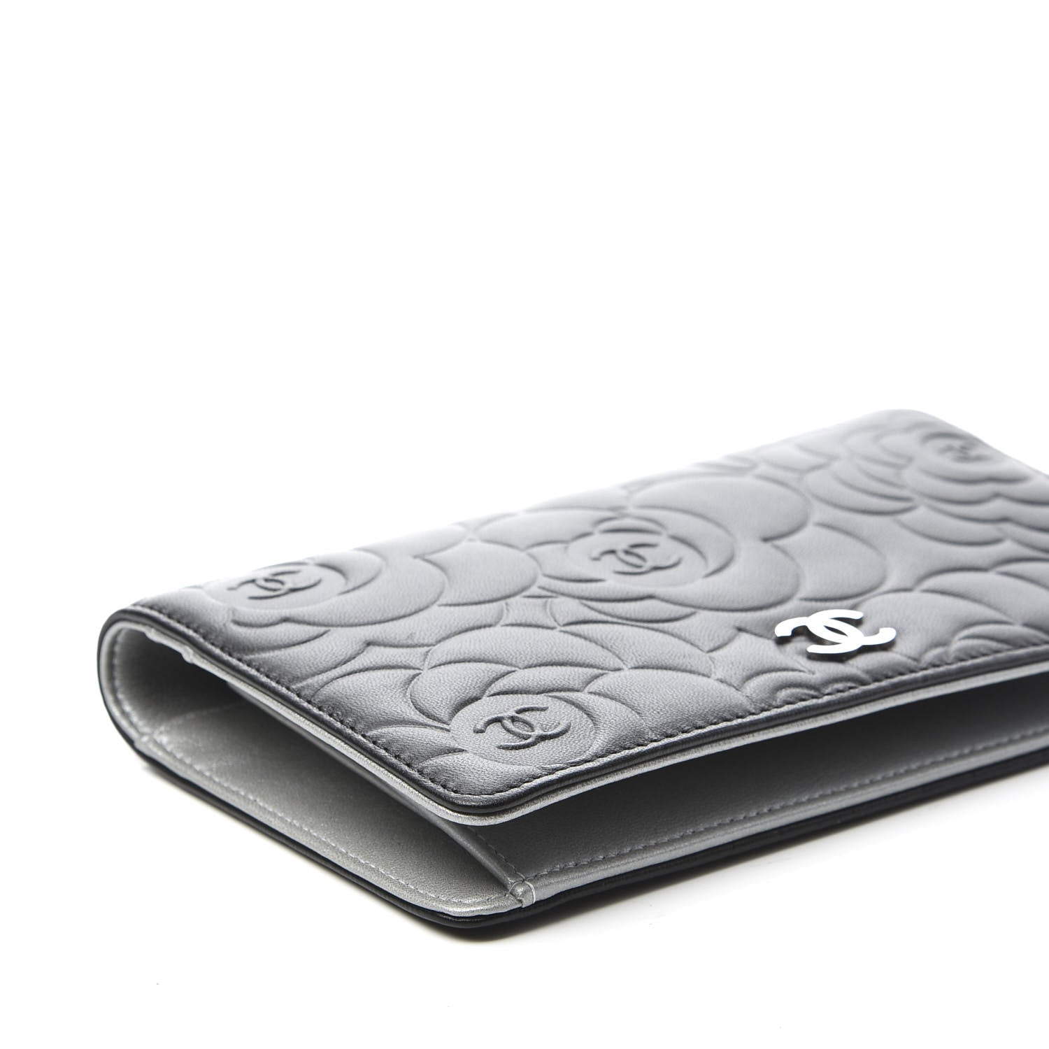 Chanel Lambskin Camellia Embossed Yen Wallet Black 5 of 9