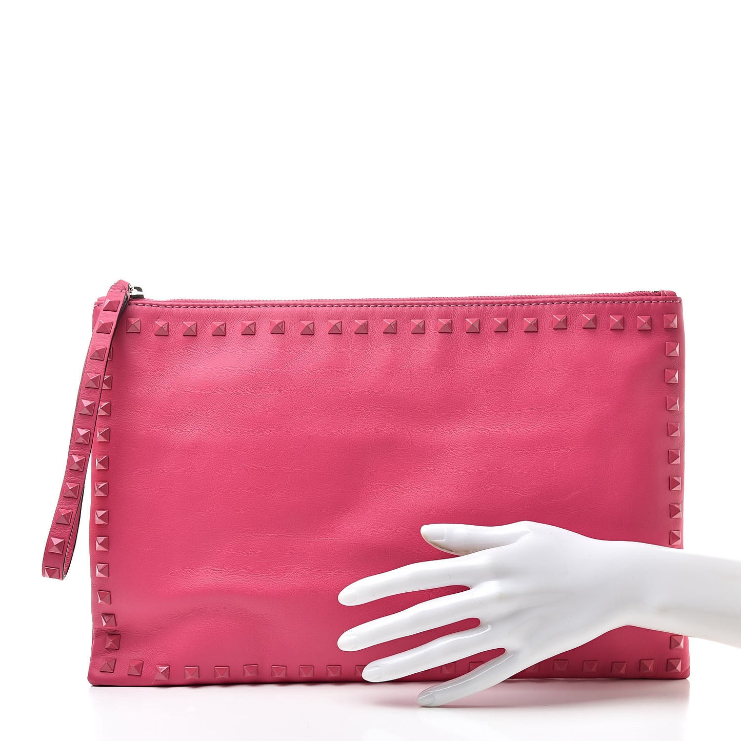 Vitello Monochrome Large Rockstud Zip Wristlet Pouch Pop Fuxia