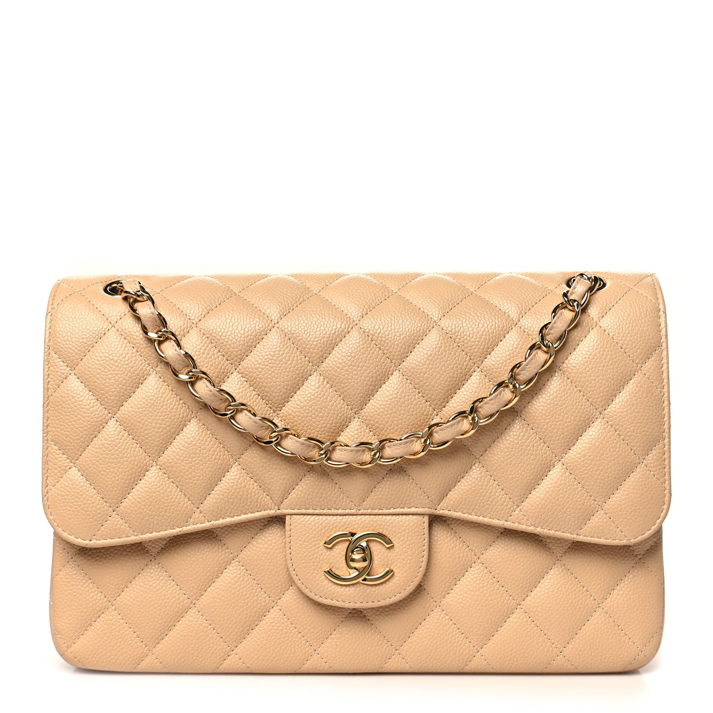 Caviar Quilted Jumbo Double Flap Light Beige