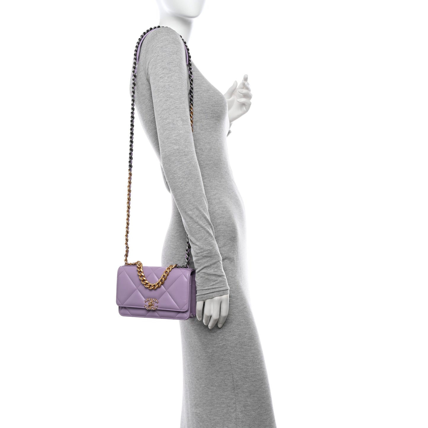 Lambskin Quilted Chanel 19 Wallet On Chain WOC Light Purple