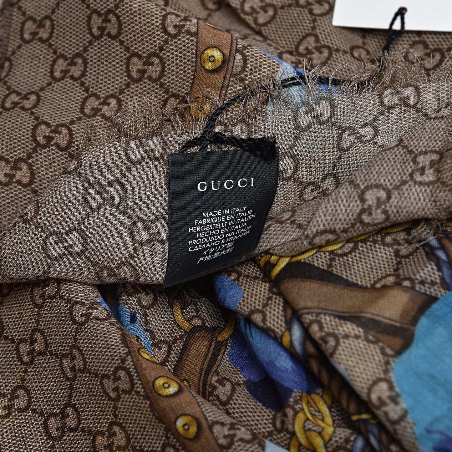 Wool Jacquard GG Monogram Big Panshie Fringe Shawl Sapphire Beige