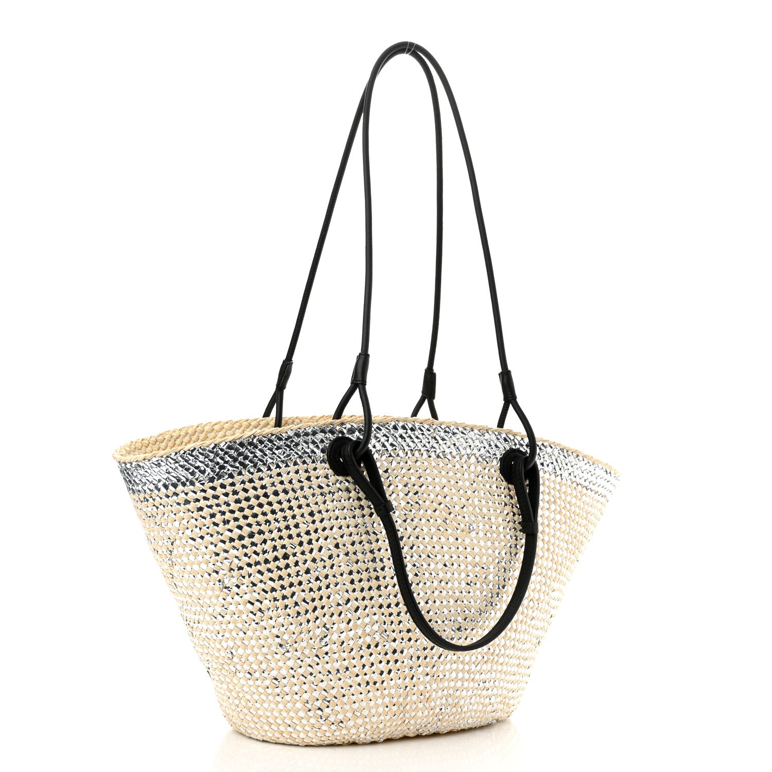 Loewe Calfskin Raffia Paulas Ibiza Sparkling Metallic Anagram Basket Tote Bag Natural Silver 2 of 9