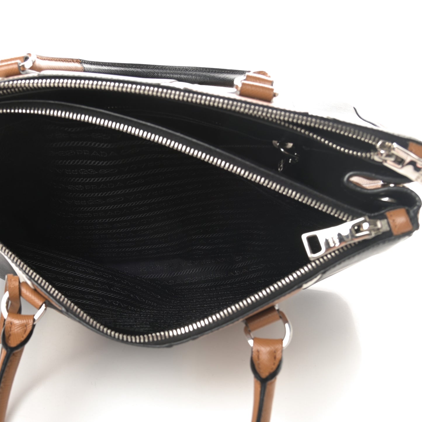 Saffiano Baiadera Striped Medium Galleria Double Zip Tote Caramel Black White