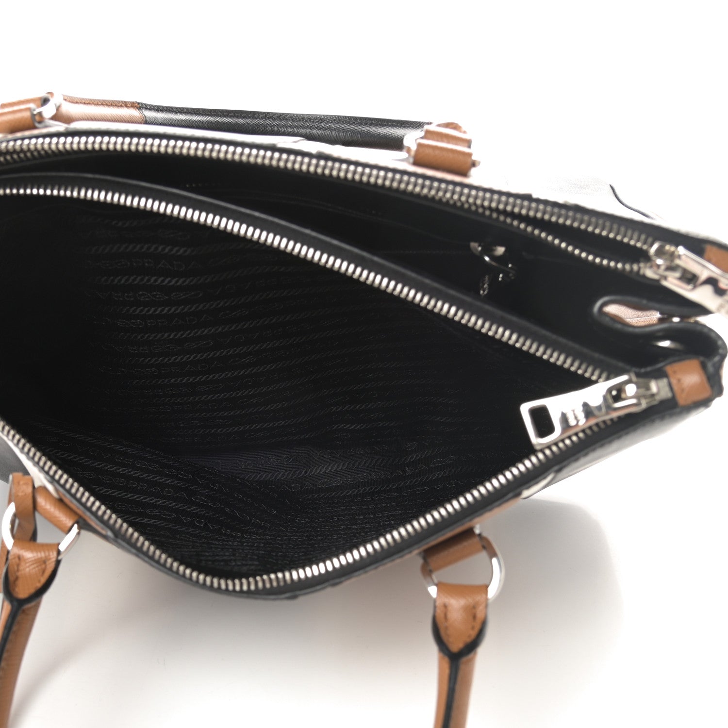 Prada Saffiano Baiadera Striped Medium Galleria Double Zip Tote Caramel Black White 7 of 13