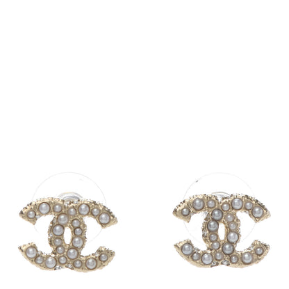 Chanel Metal Graduated Pearl Crystal CC Earrings Light Gold 1 of 5