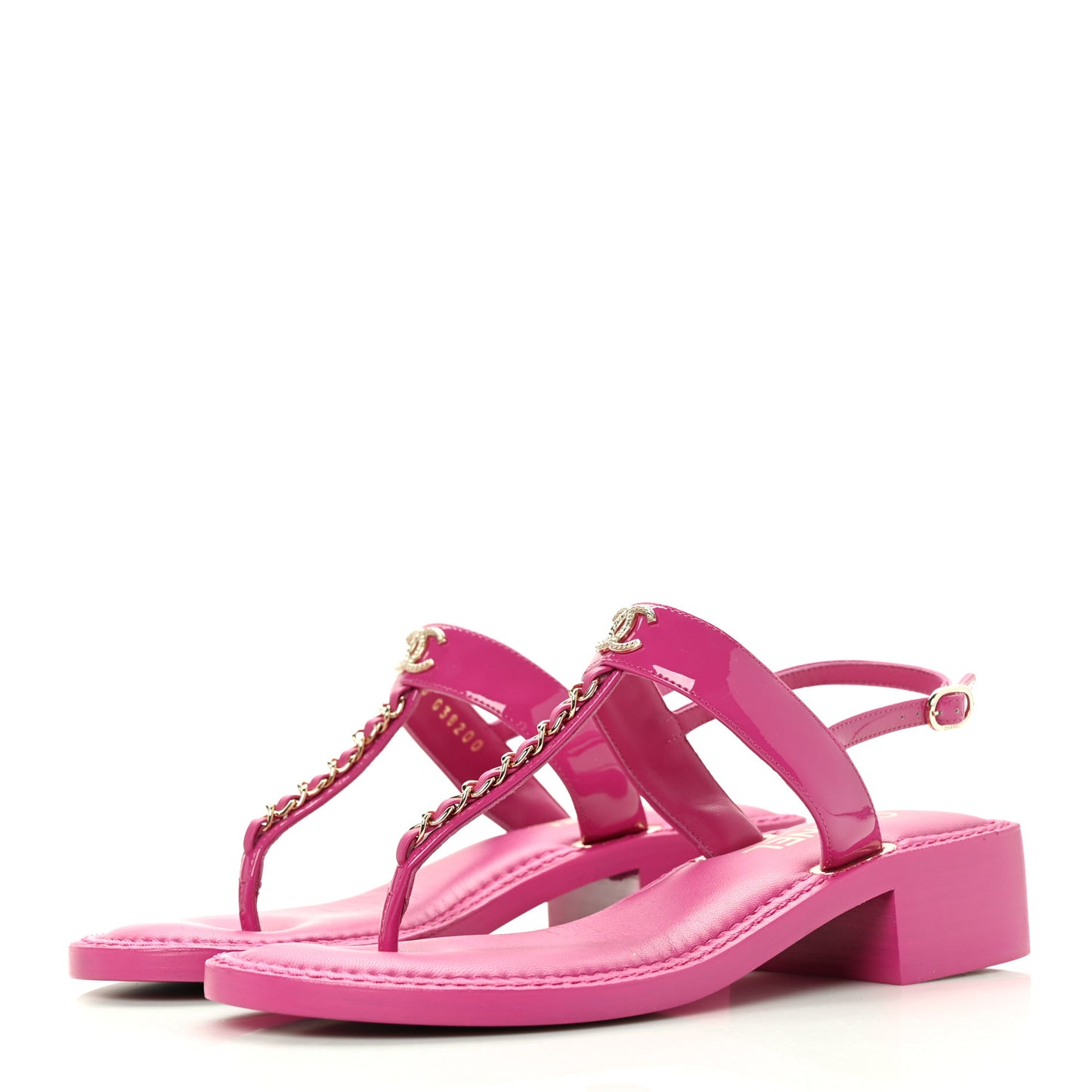 Lambskin Patent Chain CC Logo Thong Flat Sandals 37.5 Fuchsia