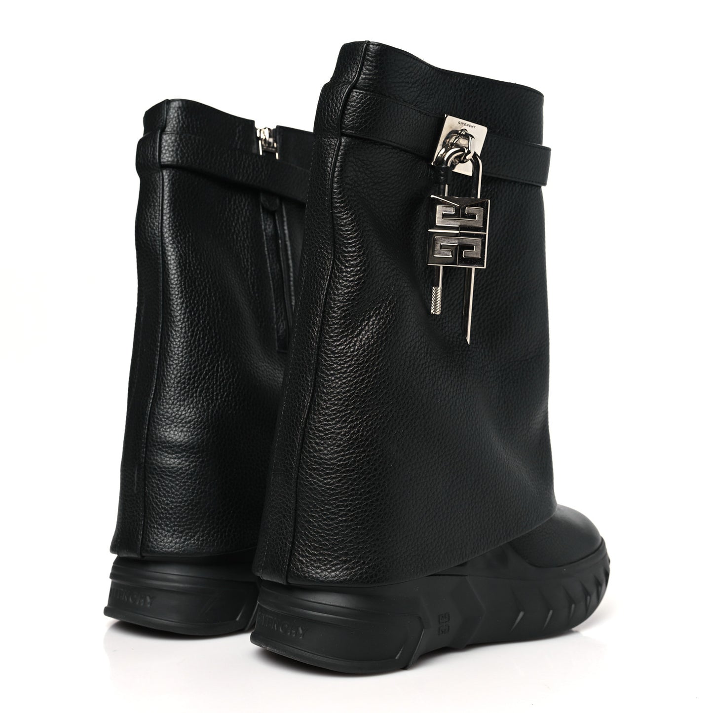 Grained Calfskin Shark Lock Biker Ankle Boots 36 Black