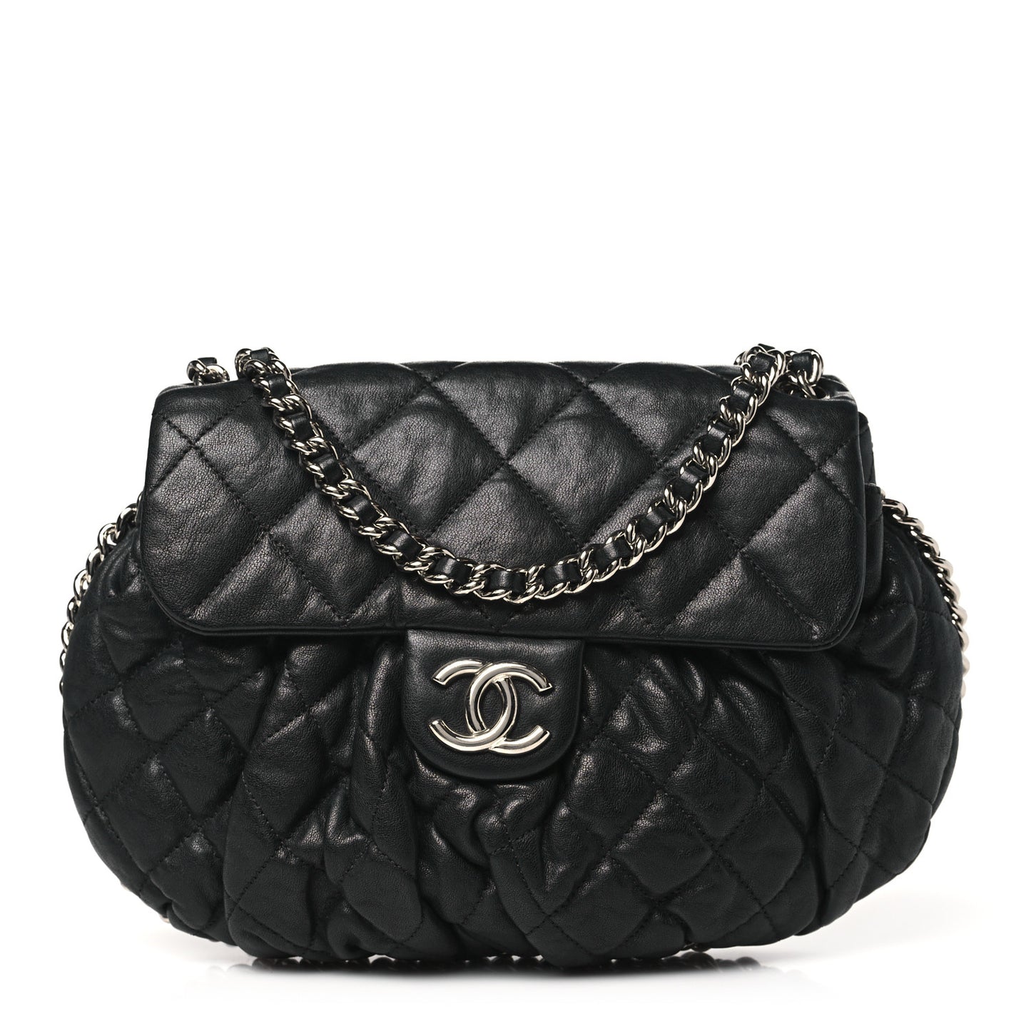 Washed Lambskin Quilted Medium Chain Around Messenger Black