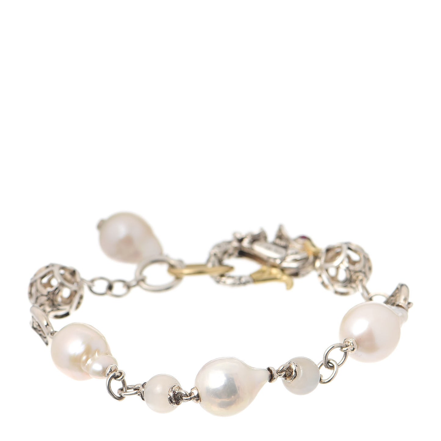 Sterling Silver 18K Yellow Gold Pearl Moonstone Ruby Naga Dragon Bracelet