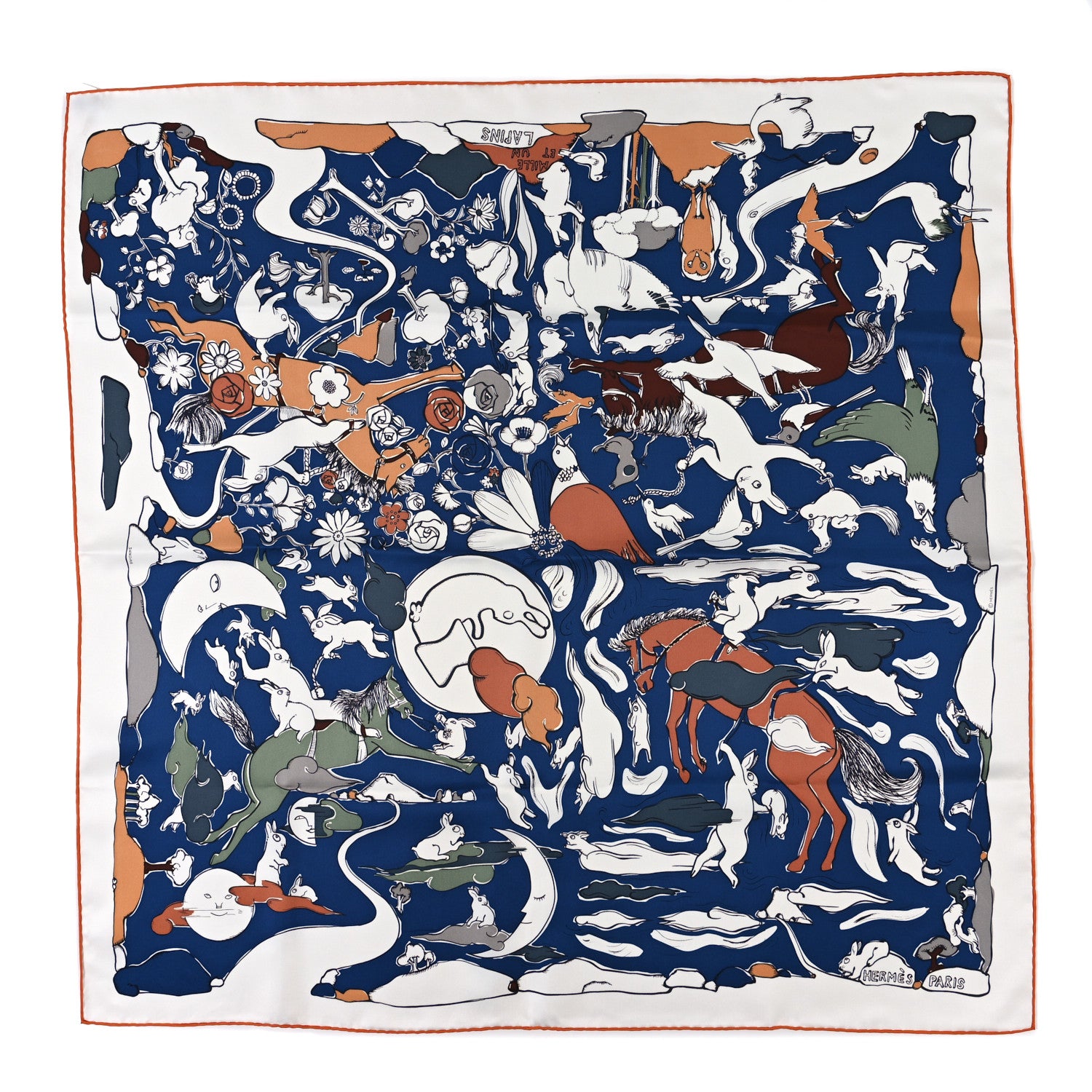 Hermes Silk Mille Et Un Lapins Scarf 90 White Marine Kaki 1 of 3