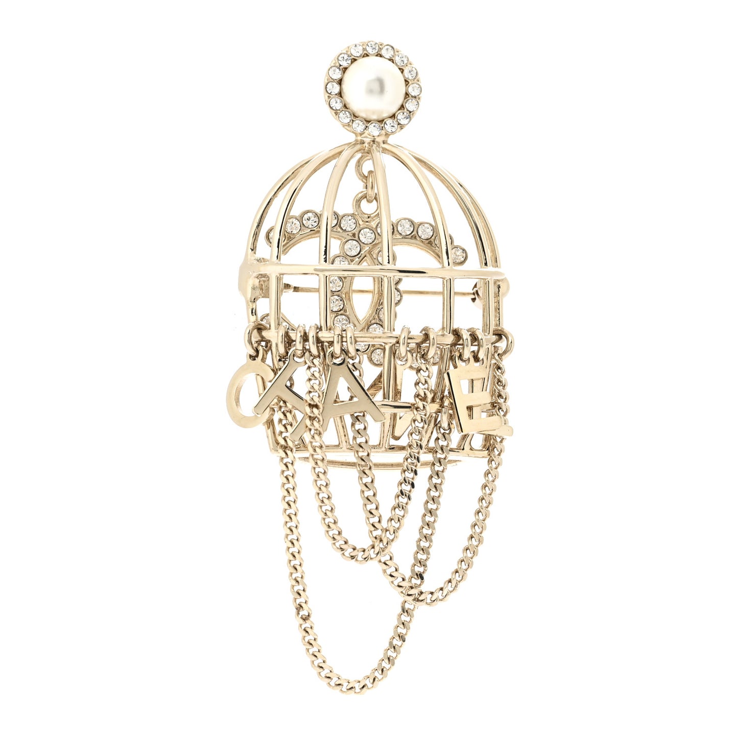 Metal Crystal Pearl CC Birdcage Brooch Light Gold