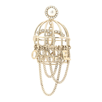 Chanel Metal Crystal Pearl CC Birdcage Brooch Light Gold 1 of 3