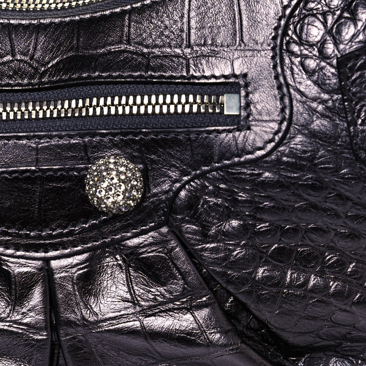 Metallic Calfskin Crocodile Embossed Crystal Small Le Cagole Shoulder Bag Gunmetal
