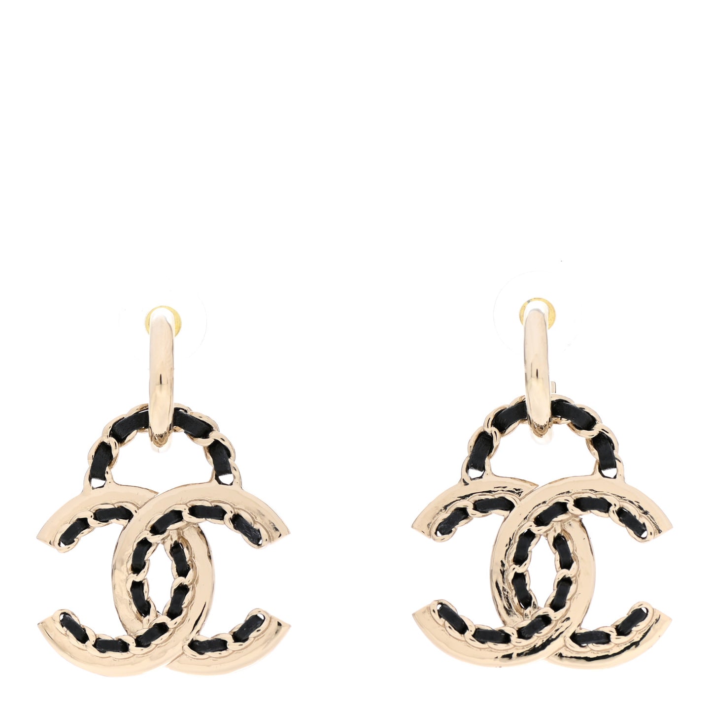 Lambskin Chain CC Drop Earrings Black Gold