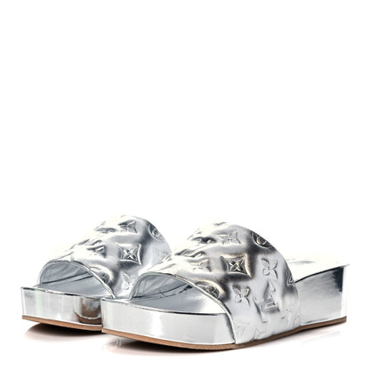 Louis Vuitton Metallic Lambskin Embossed Monogram Jumbo Flatform Mule Sandals 37 Silver 3 of 17
