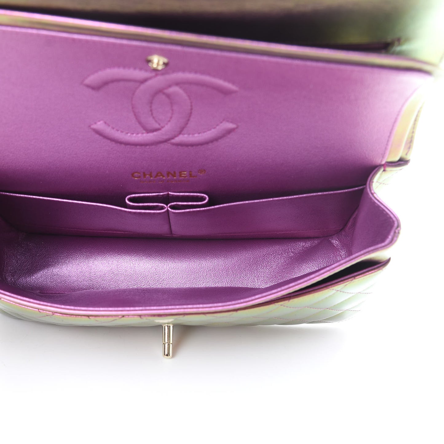 Iridescent Lambskin Quilted Medium Double Flap Purple