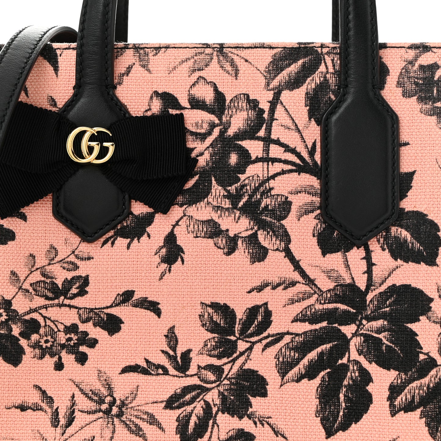 Canvas Herbarium Print Ribbon Top Handle Bag Pink Black