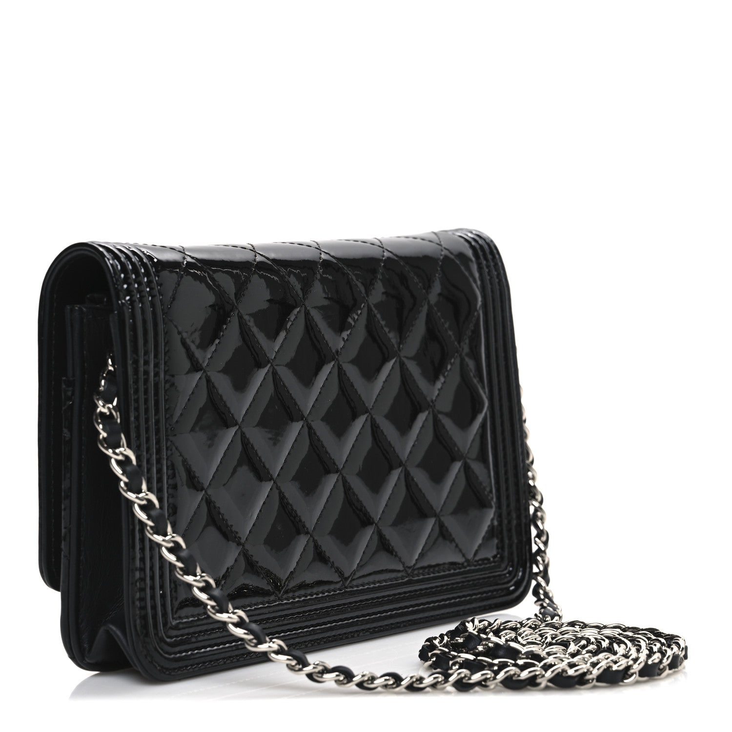 Chanel Patent Calfskin Quilted Boy Wallet On Chain WOC Black 3 of 11