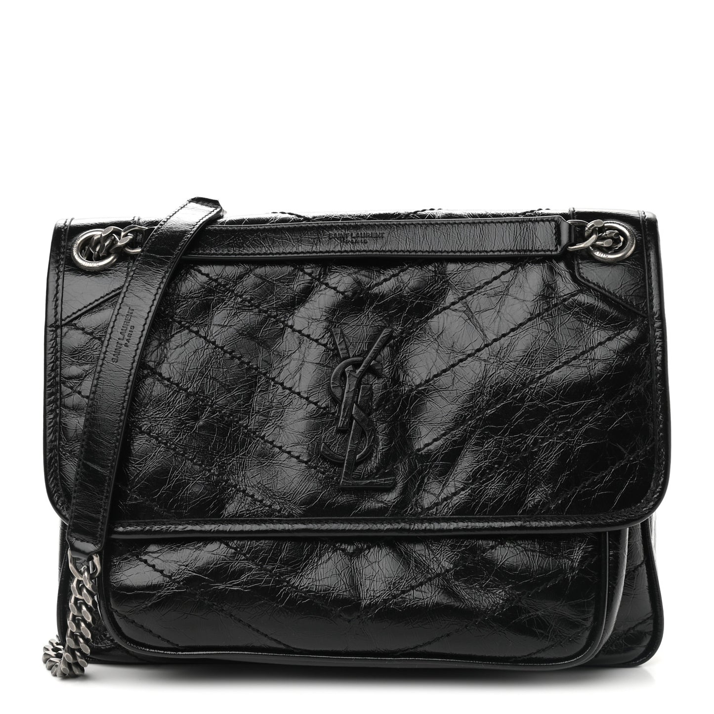 Crinkled Calfskin Matelasse Monogram Medium Niki Chain Satchel Black