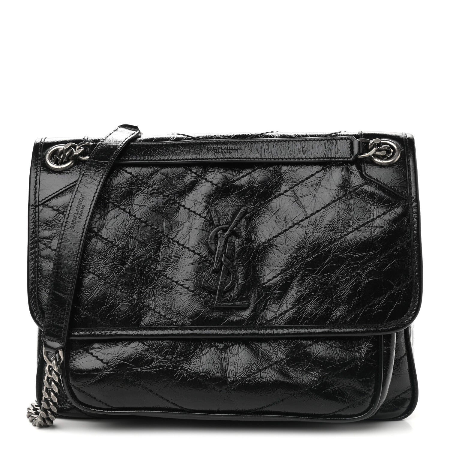 Saint Laurent Crinkled Calfskin Matelasse Monogram Medium Niki Chain Satchel Black 1 of 11