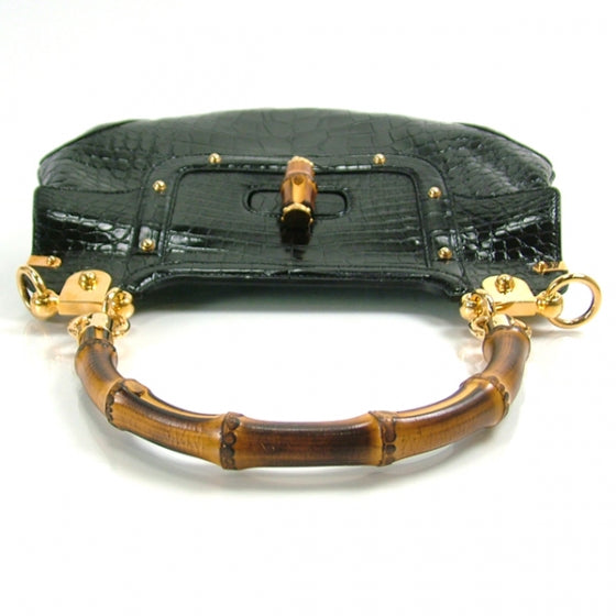 Alligator Bamboo Handle Large Peggy Bag Black