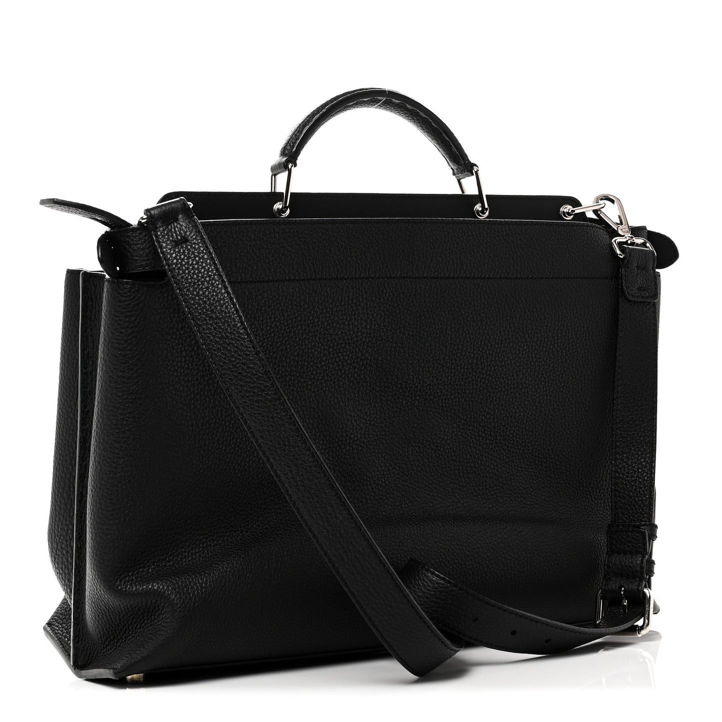 Cuoio Romano Selleria Vitello Grace Glazed Fabric FF 1974 Large Peekaboo Iconic Essential Satchel Black