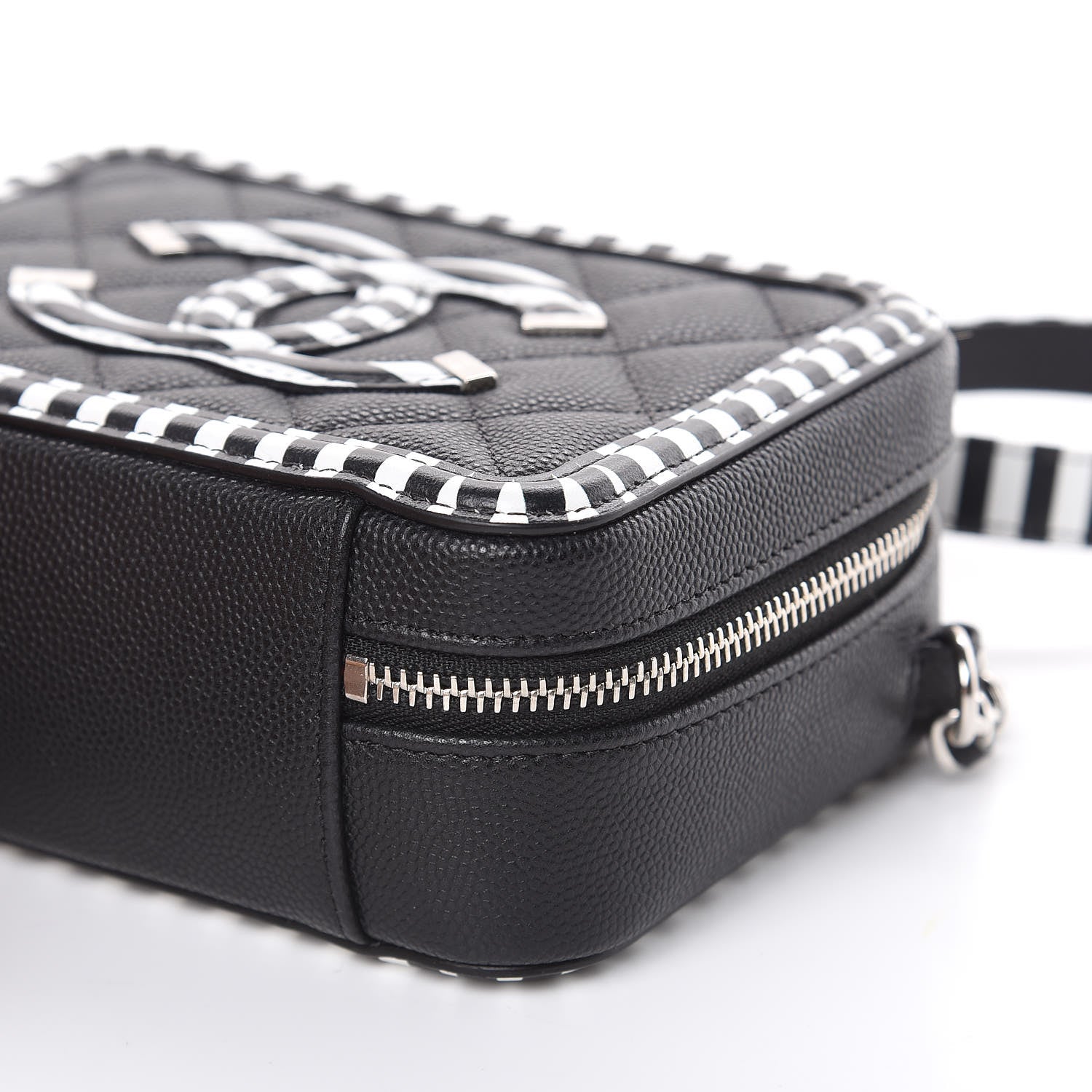 Chanel Caviar Quilted Striped Filigree Vanity Clutch With Chain Black White 9 of 9