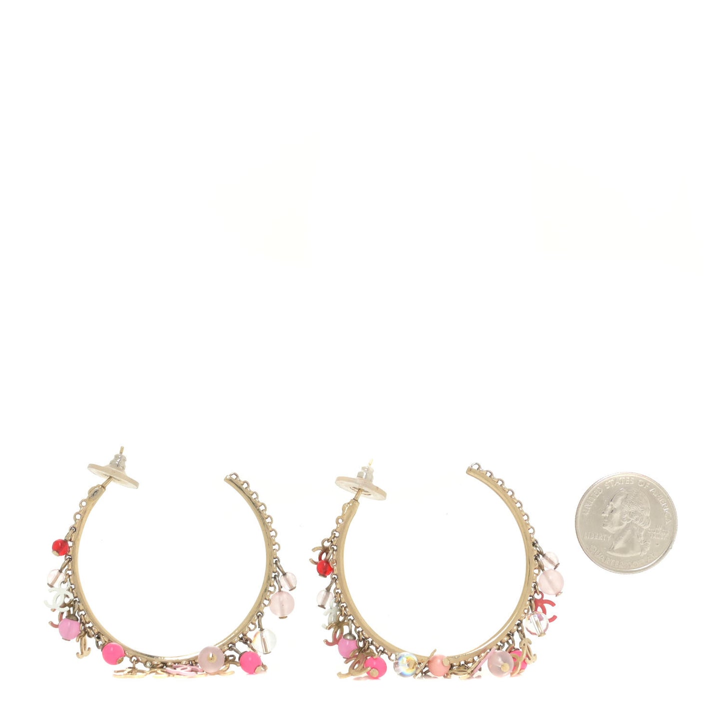 Crystal Bead CC Charm Hoop Earrings Pink Gold