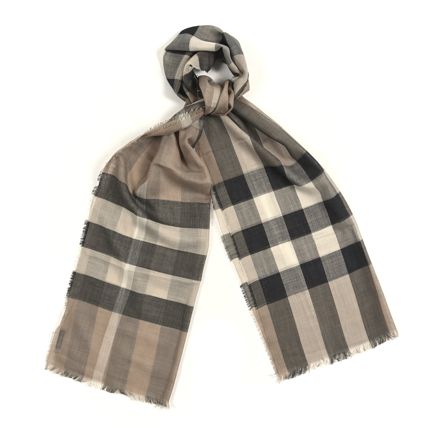 Wool Silk Gauze Giant Check Lightweight Scarf Beige