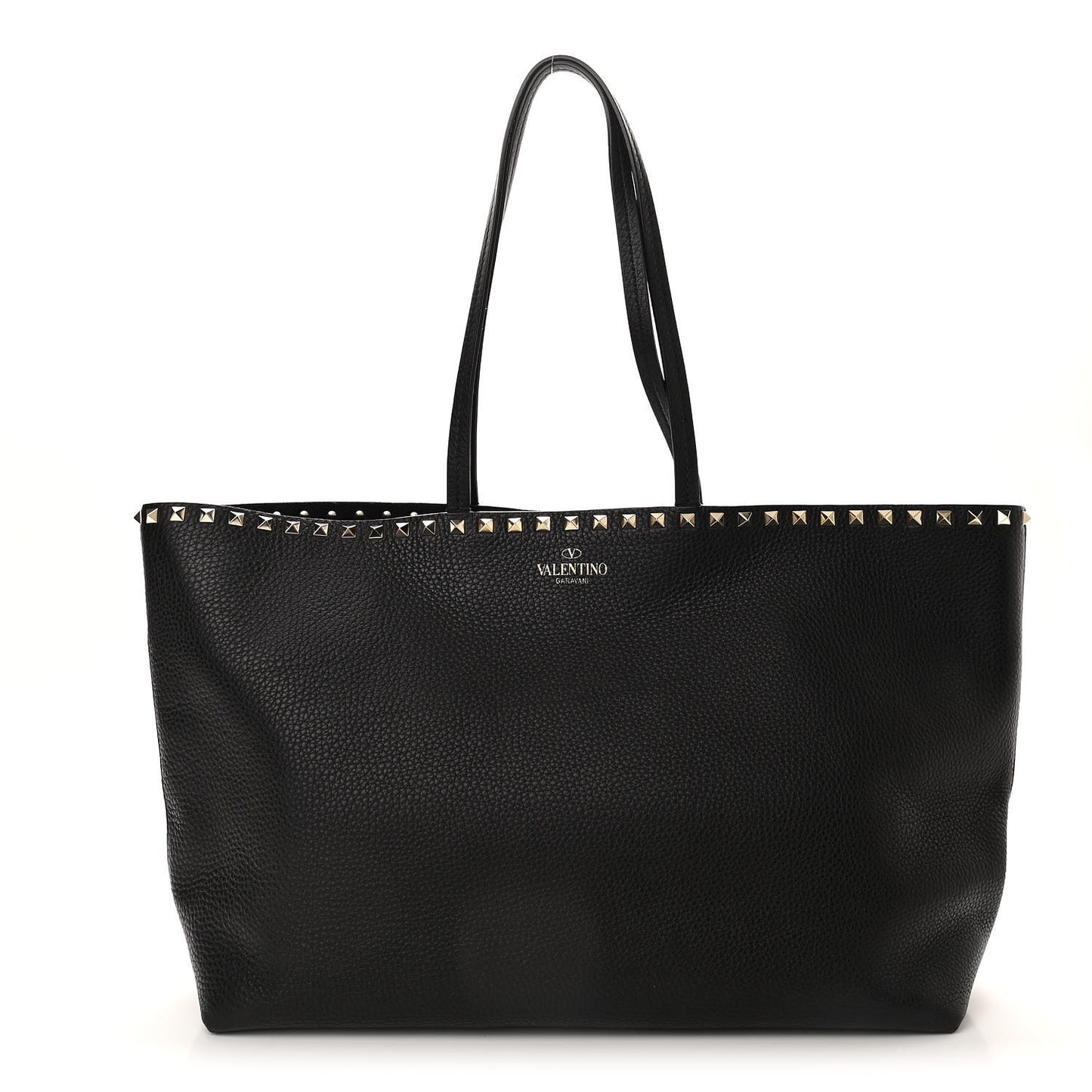 Grained Calfskin Rockstud Shoulder Tote Black