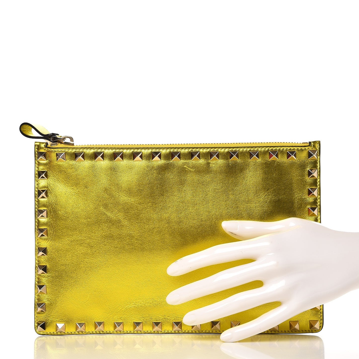 Metallic Calfskin Medium Rockstud Zip Pouch Yellow