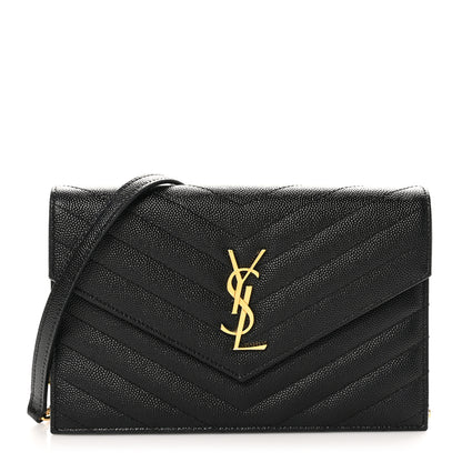 Saint Laurent Grain De Poudre Matelasse Chevron Monogram Envelope Chain Wallet Black 1 of 9