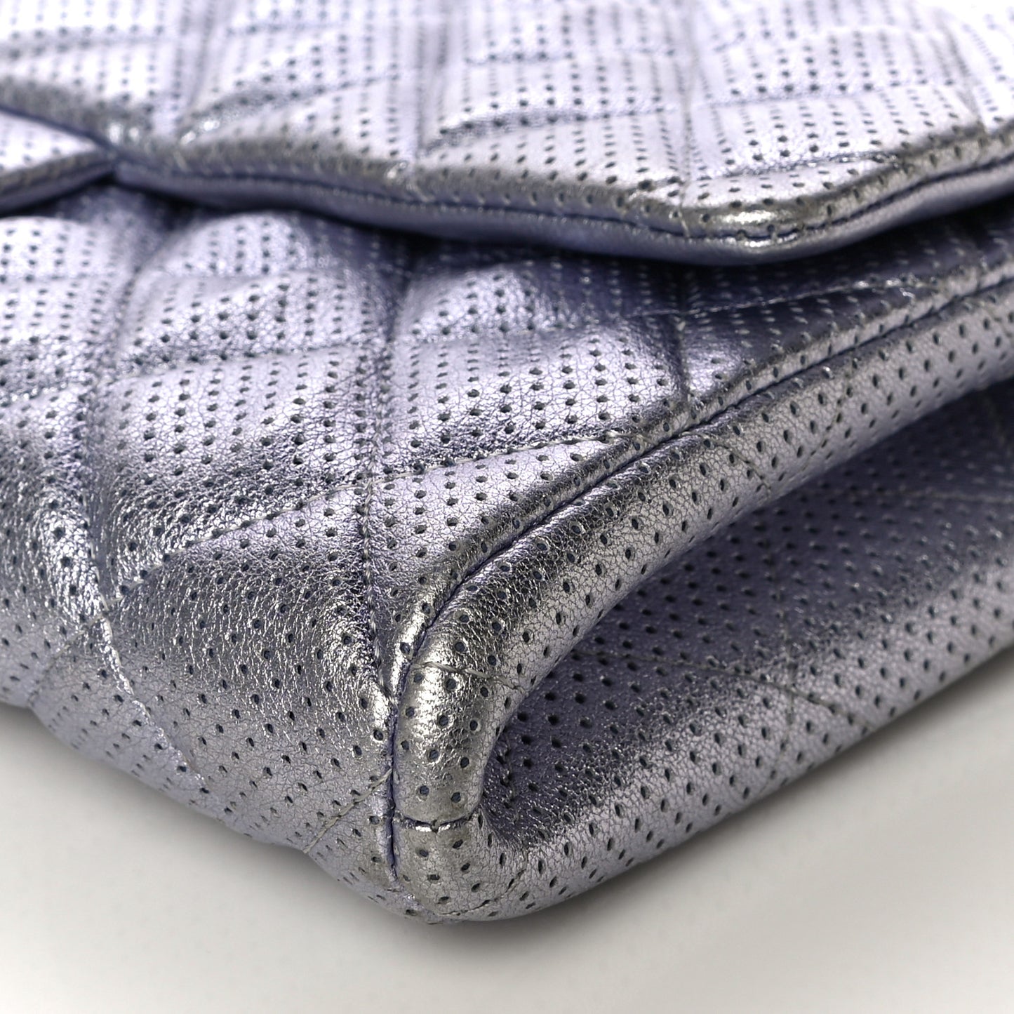 Metallic Perforated Lambskin Quilted Clutch With Chain Flap Silver