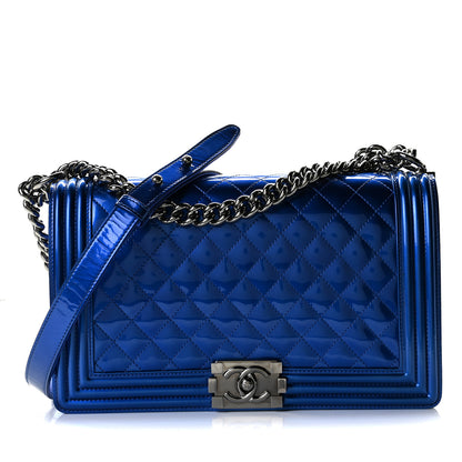 Chanel Metallic Patent Quilted New Medium Boy Flap Blue 1 of 10