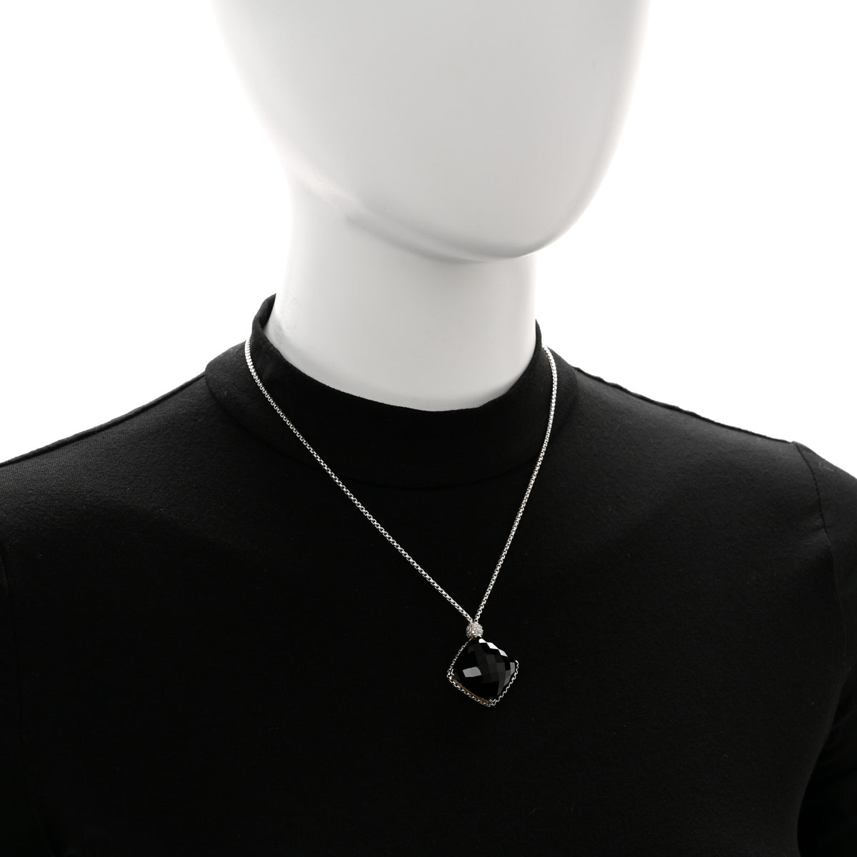 Sterling Silver Diamond Black Onyx 20mm Cushion On Point Pendant Necklace