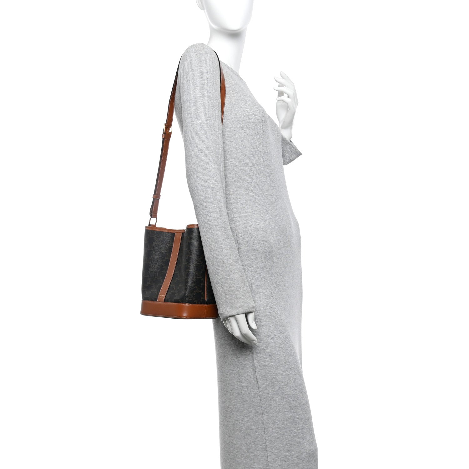 Celine Triomphe Canvas Calfskin Small Bucket Bag Tan 2 of 13