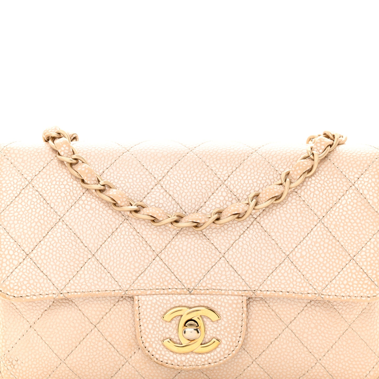 Pearly Caviar Quilted Mini Rectangular Flap Beige