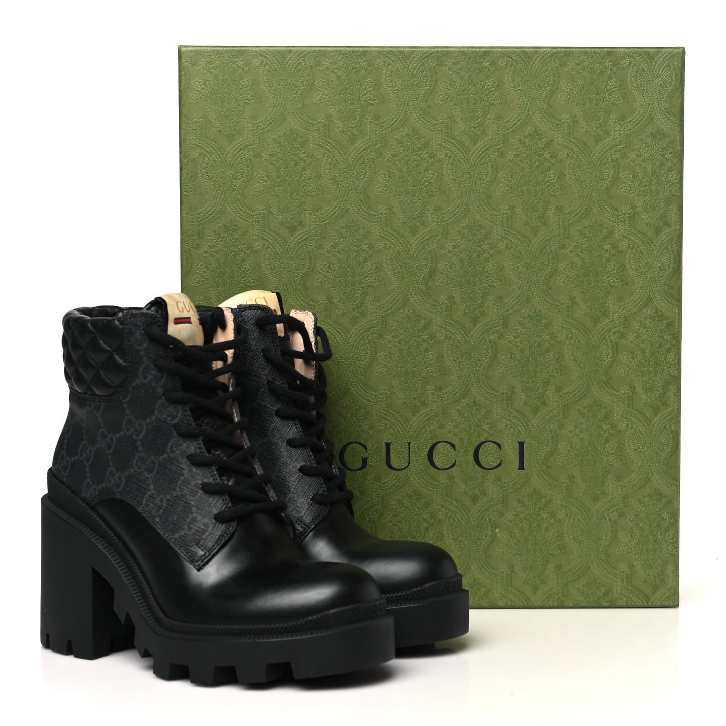 Apollo Calfskin GG Supreme Nappa Samoa Quilted Lace Up Ankle Boots 35 Black