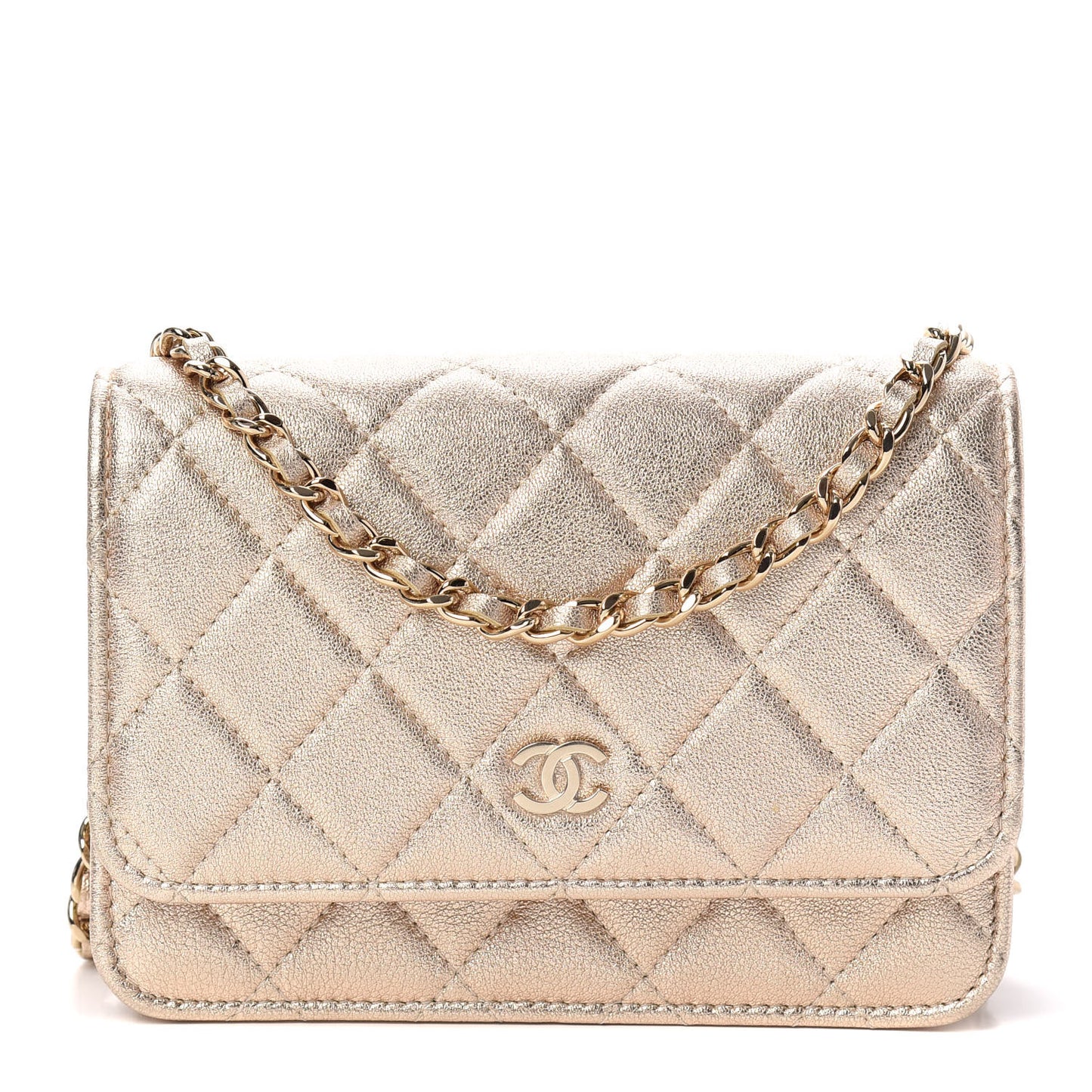 Metallic Lambskin Quilted Mini Wallet On Chain WOC Gold