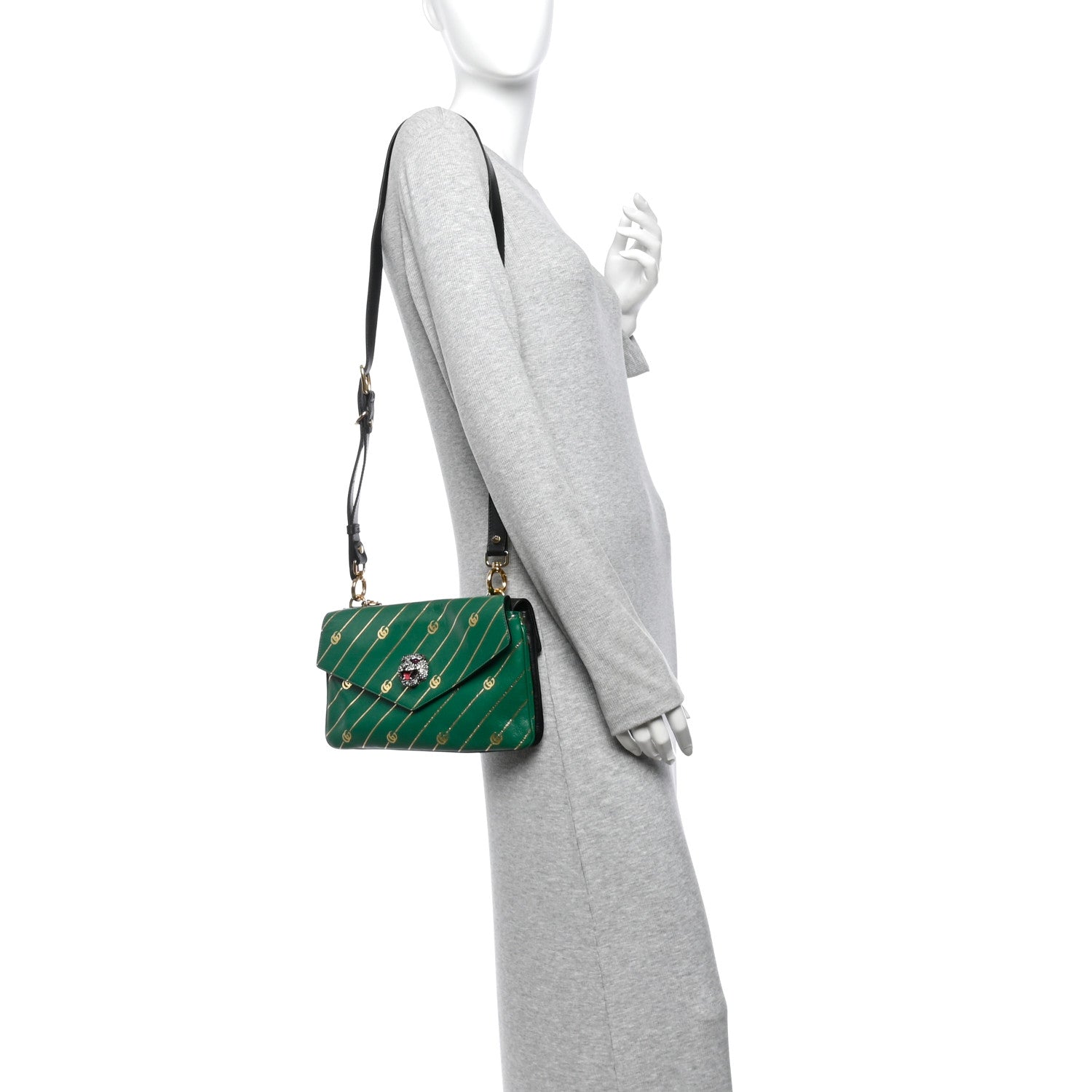 Gucci Calfskin Diagonal GG Medium Thiara Double Envelope Shoulder Bag Emerald Green Black 2 of 11