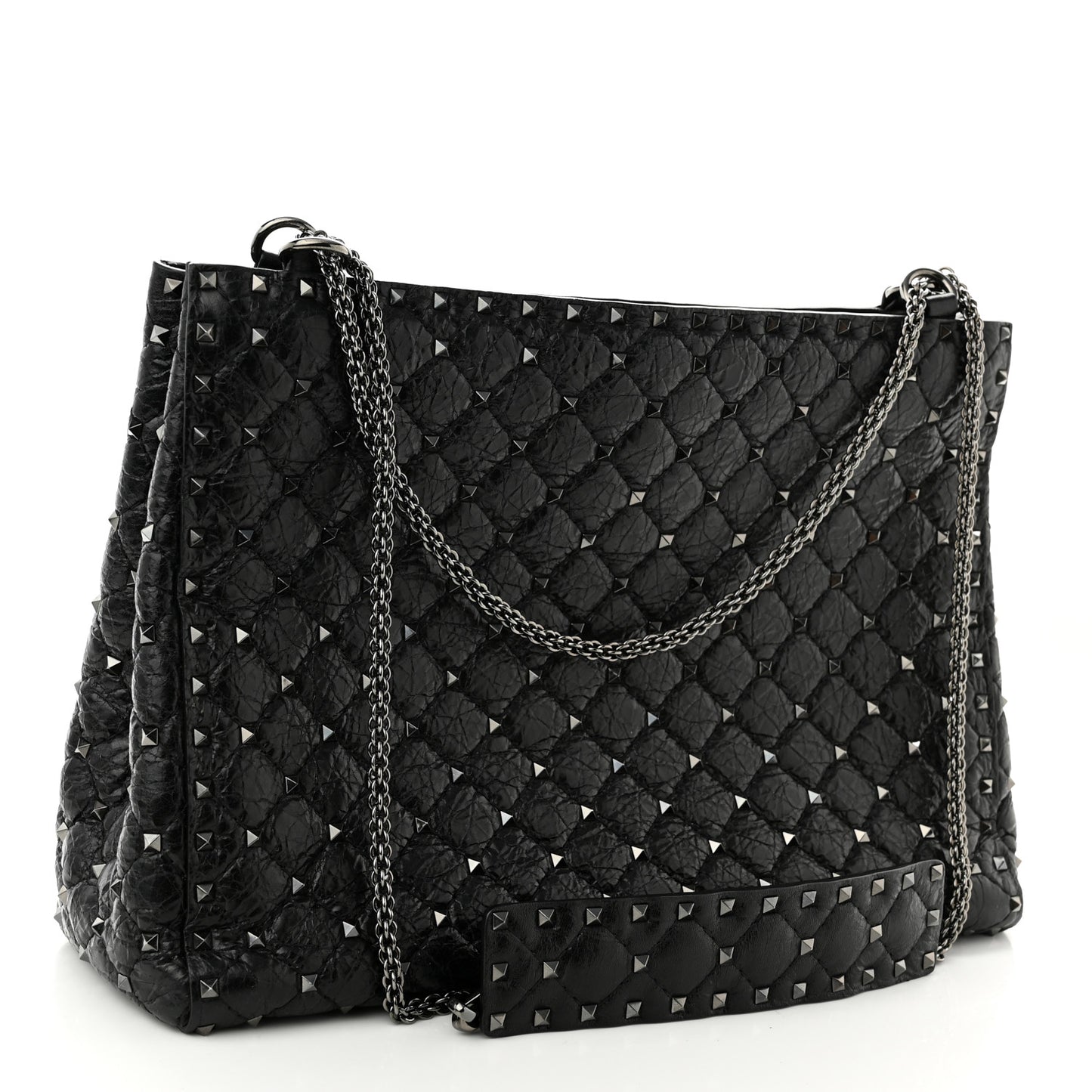 Craquele Nappa Rockstud Spike Shoulder Tote Black