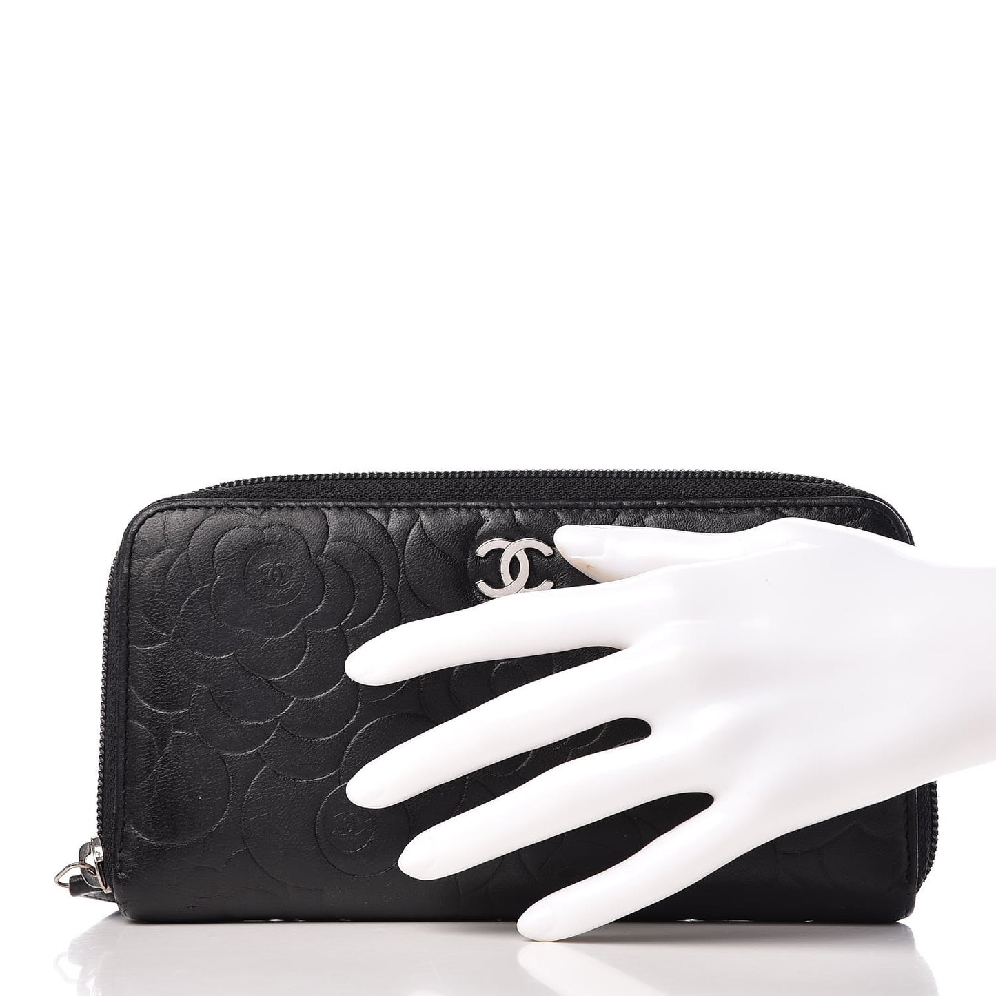 Lambskin Camellia Embossed Large Zip Around Gusset Wallet Black