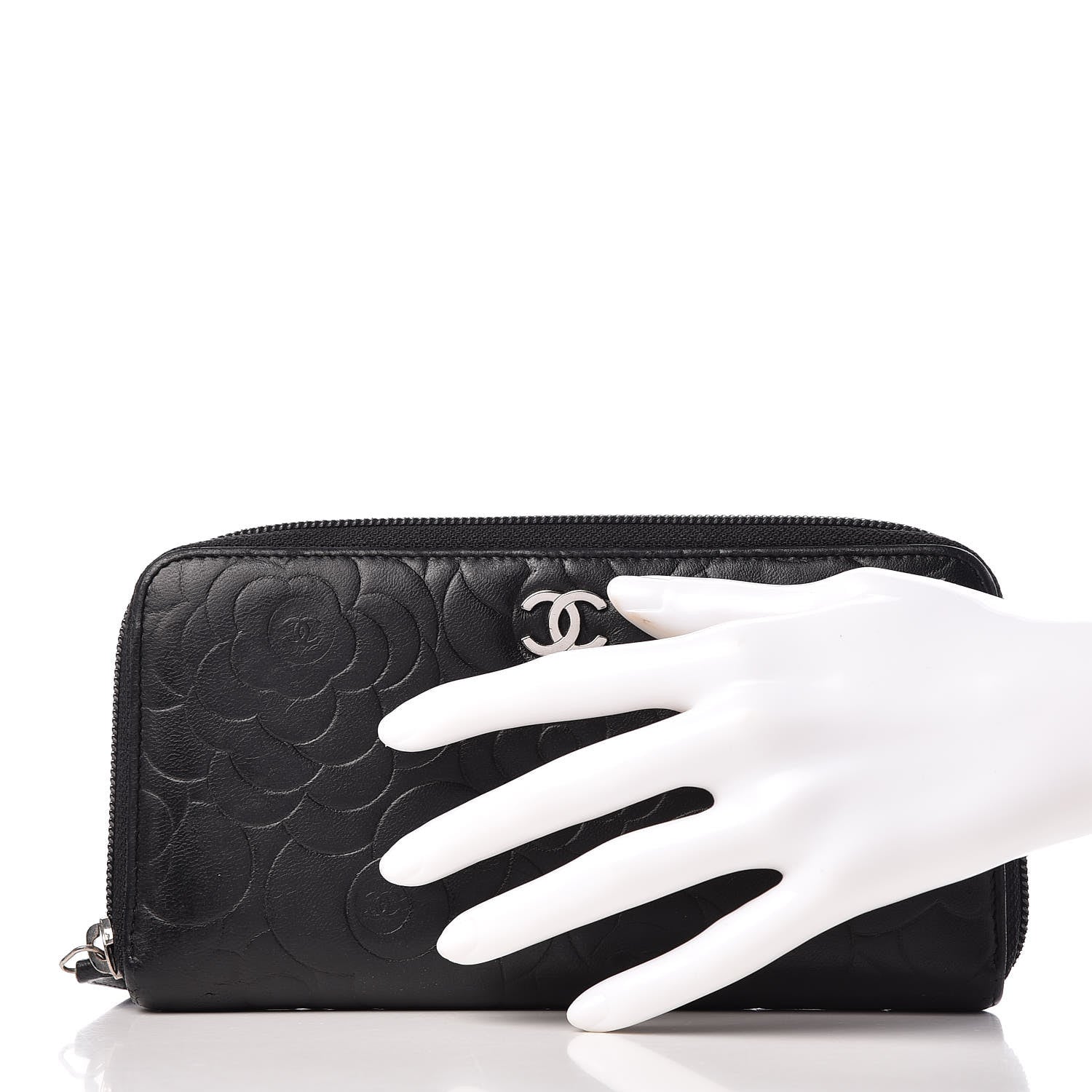 Chanel Lambskin Camellia Embossed Large Zip Around Gusset Wallet Black 2 of 11