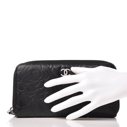 Chanel Lambskin Camellia Embossed Large Zip Around Gusset Wallet Black 2 of 11