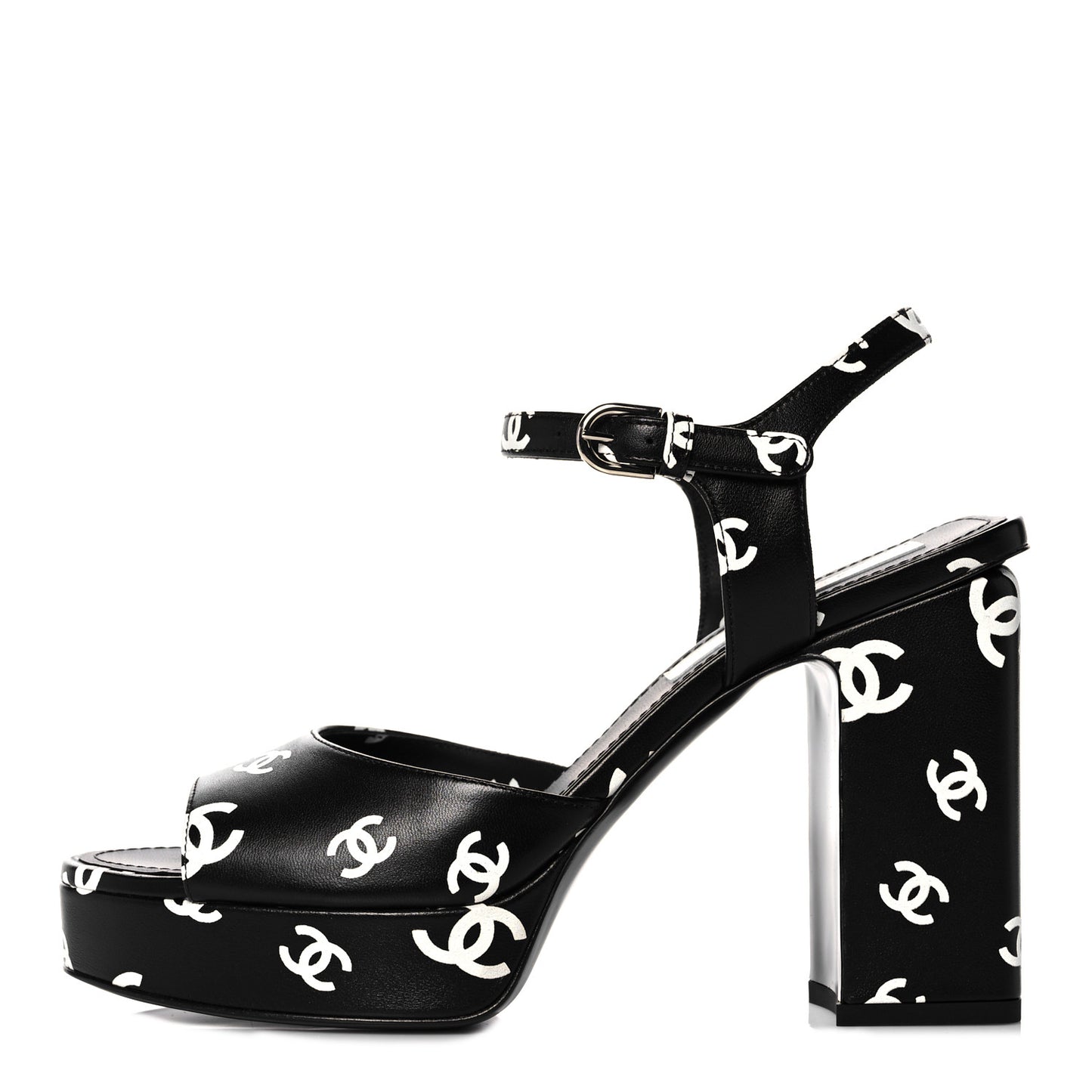 Printed Lambskin CC Platform Sandals 39 Black White